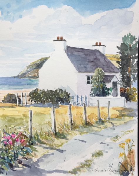 Annabel Burton Art, Watercolour Cottage Painting, Annabel Burton Watercolour, Watercolour Cottage, Cottage Drawings, Cottage Watercolor Painting, Watercolour House Painting, Watercolour Houses, Easy Painting On Canvas