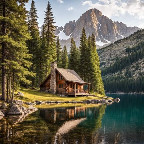 House On Mountain, Cabin On A Lake, Little Cabin In The Woods, Log Cabin Rustic, Cabin In The Mountains, Lakeside Cabin, Little Cabin, Landscape Photography Nature, Fantasy House