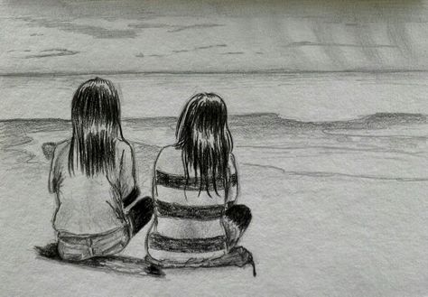 Friendship is... watching the sunset together. I made this sketch while traveling when two of my young friends where watching the rainclouds over the ocean.   #pencilsketch #friendschip #drawing #oceandrawing Best Friend Sketches Friendship, Sisters Drawing Sketches, Watching Sunset Drawing, Friendship Drawing Ideas, 2 Friends Drawing, Friends Sketch Drawing Ideas, Friendship Drawings Sketches, Zoey Core, Friendship Drawings