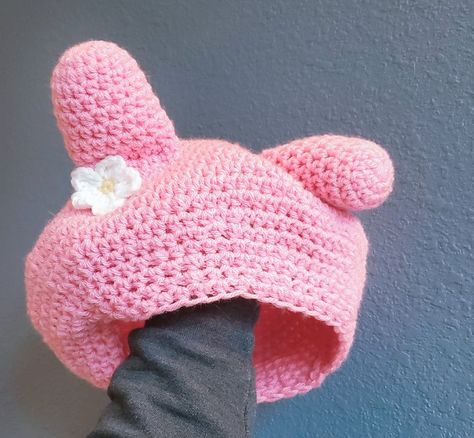 My Melody Beanie Crochet, My Melody Beanie, Cute Beanies Crochet, Melody Crochet Hat, My Melody Crochet Hat, Sanrio Crochet Free Pattern, My Melody Crochet Pattern, My Melody Hat, Melanie Martinez Crochet