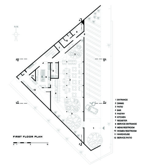 ground floor plan Cafe Architecture Concept, Triangle Restaurant Plan, Restaurant Seating Layout, Restaurant Design Plan, Restaurant Floor Plan, Cafe Plan, Resturant Design, Kitchen Floor Plan, Restaurant Plan