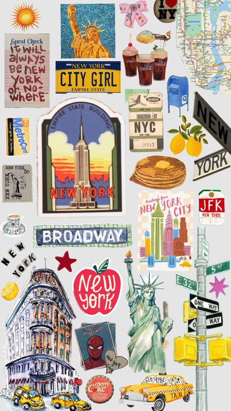 Sticker Background Design, Nyc Clipart, New York Scrapbook, Nyc Stickers, New York Stickers, Nyc Collage, New York Collage, Collage Stickers, Sticker Collage