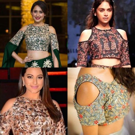 celebs-cold-shoulder-blouse Cold Shoulder Saree Blouse, Cold Shoulder Blouse Designs, Saree Jacket Designs, Blouse Tops Designs, Saree Blouse Neck Designs, Lehenga Blouse Designs, New Blouse Designs, Sari Blouse Designs, Back Neck Designs