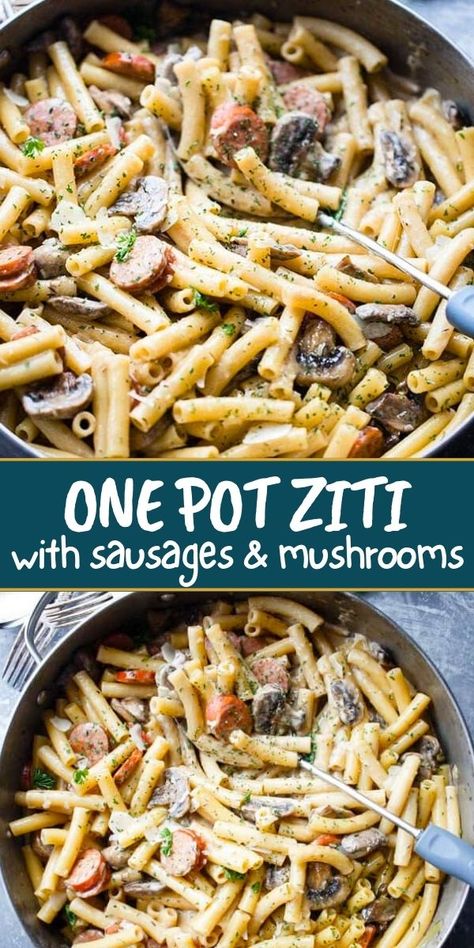 One Pot Ziti with Andouille Sausage is a wonderful ziti pasta dinner packed with delicious andouille sausages and mushrooms, and it's prepared in one pot and cooked on the stovetop! One Pot Ziti, Creamy Ziti, Diethood Recipes, Andouille Sausage Recipes, Sausage Mushroom, Smoked Sausage Pasta, Ziti Pasta, Best Pasta Recipes, Veggie Pizza