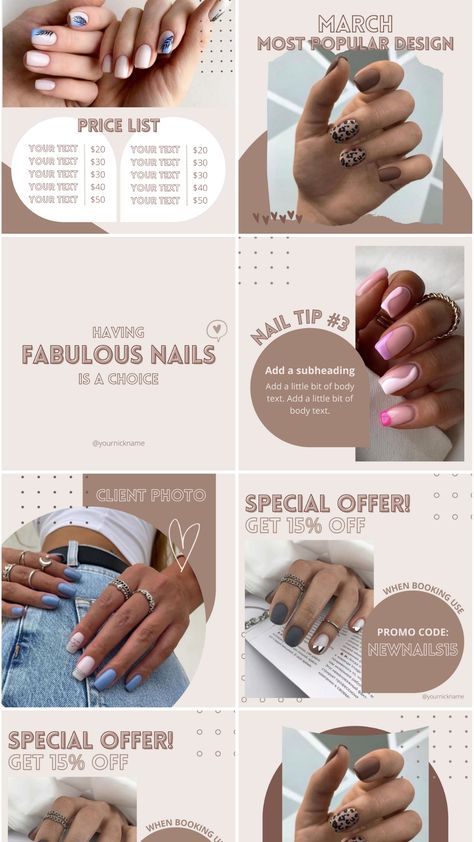 Create a beautiful, aesthetic Instagram feed for your nail business. Nail tech Instagram post template will help you ease your social media marketing. 30 post templates included. Nail Instagram Feed Ideas, Nails Template Instagram, Nail Tech Instagram Feed, Nail Tech Templates, Nails Tech Aesthetic, Nail Salon Instagram Feed, Nails Post Instagram, Nail Instagram Feed, Nail Posts Instagram