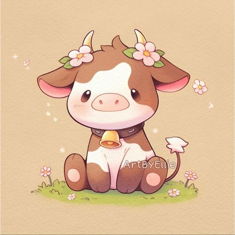 Cute animal drawing of a baby cow with flowers. Kawaii style. #cutedrawing #kawaiidrawing #aesthetic #cutecat #illustration #cuteartwork #art #kawaiistyle #animals #drawing Cow Drawing Kawaii, Cute Cow Drawing Reference, Animated Cow Drawing, Cute Animated Animals Drawings, Kawaii Cow Tattoo, Cartoon Art Styles Animals, Kkchenwei Cow, Kawaii Art Print, Cute Drawings Of Cows