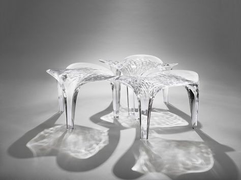 Zaha Hadid's Liquid Glacial stools for David Gill Gallery, on display at Design Shanghai in Zaha Hadid Edition. Zaha Hadid Interior, Cube Seat, Clear Chairs, Zaha Hadid Design, Acrylic Furniture, Art Appliqué, Zaha Hadid Architects, Glass Furniture, Zaha Hadid