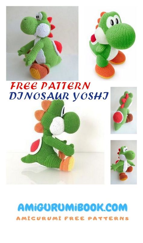 Dinosaurio Yoshi Amigurumi Patrón Gratis - Amigurumibook.com Yoshi Crochet Pattern Free, Yoshi Amigurumi, Crochet Dinosaur Pattern Free, Mario Crochet, Knitted Dolls Free, Pokemon Crochet Pattern, Animal Knitting, Crochet Dinosaur Patterns, Disney Crochet Patterns