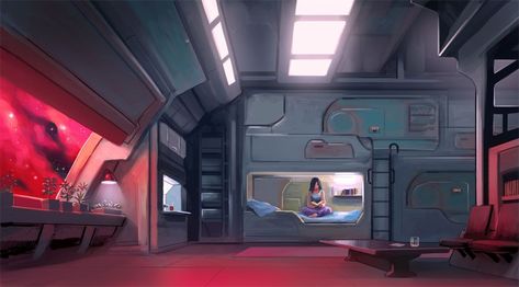 Sci Fi Bedroom, Sci Fi Room, Cyberpunk Room, Space Cruiser, Futuristic Bedroom, Sleeping Quarters, Spaceship Interior, Sci Fi Environment, Light Speed