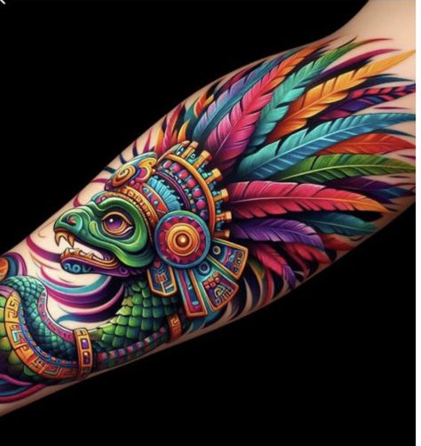 Quetzalcoatl Art, Mens Side Tattoos, Quetzalcoatl Tattoo, Shen Long Tattoo, Feather Tattoo Colour, Azteca Tattoo, Jaguar Tattoo, Mexican Art Tattoos, Bright Tattoos