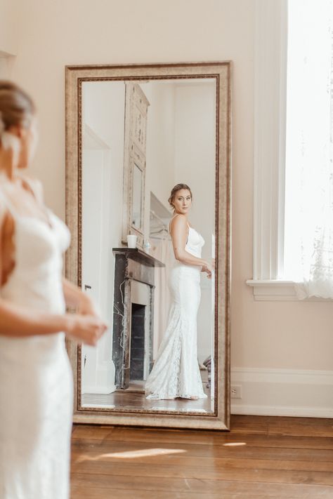 Wedding Full Length Mirror, Bride Mirror Photo, Wedding Dress Big, Updo Inspiration, Wedding Sendoff, Photo Poz, Sarah Mackenzie, Looking In Mirror, Country Wedding Pictures