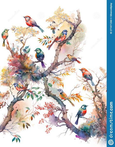 Branch Painting, Birds On Tree Painting, Two Birds On A Branch, Bird In Tree Painting, Bird Sitting On A Branch Drawing, Bird Sitting On A Branch Painting, Spring Tree, Spring Landscape, Bird On Branch