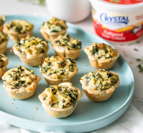 Easy Spinach-Artichoke Mini Tarts | Crystal Creamery Mini Tarts, Touch Of Spice, Fried Ice Cream, Green Chiles, Mini Tart, Amazing Appetizers, Fudge Sauce, Spinach Artichoke, Tasty Bites