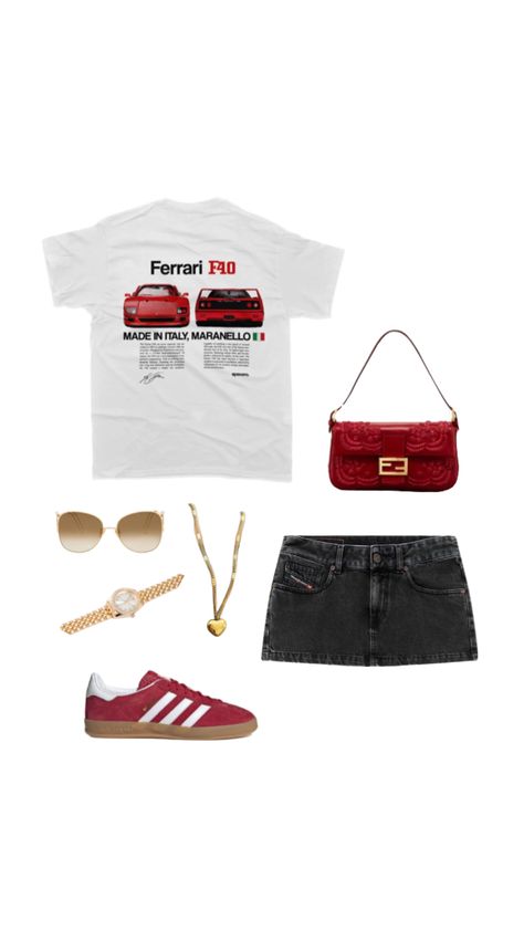 #outfitinspo #outfits #ferrari #f40 #red #goldjewelry #fitinspo #fitcheck Red Shirt Outfit Ideas, Red Outfit Summer, Ferrari Clothes, Red Outfits Aesthetic, Red Summer Outfits, Ferrari Outfit, Red Outfit Aesthetic, F1 Outfit, Outfits With Red