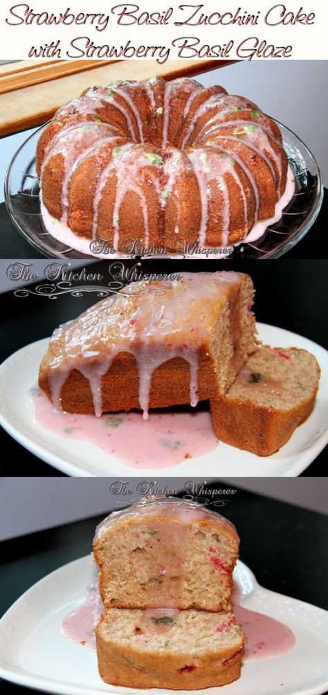 Strawberry Basil Zucchini Cake with Strawberry Basil Glaze - The Kitchen Whisperer Strawberry Zucchini Cake, Strawberry Zucchini, Basil Cake, Basil Zucchini, Cake Loaf, Strawberry Basil, Cake With Strawberry, Glaze For Cake, Summer Cake