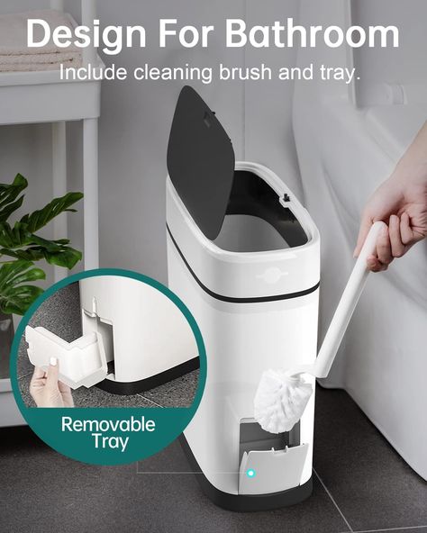 Amazon.com: WOA WOA 3.7 Gallons Bathroom Trash Can with Toilet Brush Holder | 14 Liter White Plastic Garbage Can with Black Locking Press Top Lid | Dogproof Slim Rectangular Trash Bin for Toilet : Home & Kitchen Small Bathroom Trash Can Ideas, Bathroom Trash Can Ideas, Bathroom Bins, Trash Can Bathroom, Garbage Can Storage, Bathroom Waste Basket, Apt Decor, Garbage Containers, Toilet Brush Holder