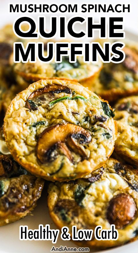 Delicious Spinach quiche muffins are made using rich parmesan cheese, savory garlic, fresh spinach, and mushrooms baked with tasty golden edges. Crustless Quiche Muffins, Mushroom Spinach Quiche, Muffin Tin Quiche, Quick Egg Recipes, Mushroom And Spinach Quiche, Quiche Recipes Crustless, Low Carb Quiche, Quiche Muffins, Spinach And Mushrooms