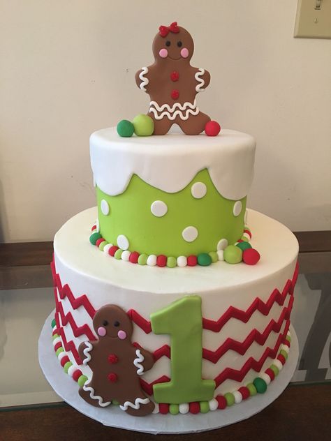 Gingerbread themed cake Gingerbread Birthday Party, Christmas Baby Birthday, Christmas Themed Cake, Gift Box Cakes, Gingerbread House Parties, 1st Birthday Girl Decorations, Smash Cakes, Gingerbread Party, Peppa Pig Birthday