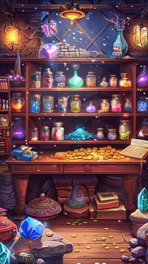 #CrystalQuest #MagicalShop #MobileGame #MysticalItems #EnchantedArtifacts #Treasures #WoodenShelves #Potions #SpellBooks #AncientRelics #GoldCoins #SilverBars #AmbientLighting #MagicalRunes #Immersive #Enchanting #Fantasy #9:16AspectRatio #TheCandie Magical Room Concept Art, Potion Room Aesthetic, Magical Interior Design, Magic Shop Aesthetic, Mystical Items, Magical Runes, Potion Book, Background For Mobile, Potion Art