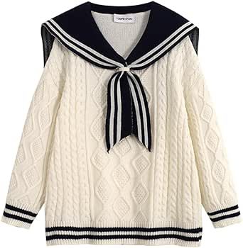 Japanese Lolita Uniform Sailor Collar Kawaii Cute Sweaters Soft Tops Loose Casual Cable Knit Long Sleeve Pullover Tops Outfit Black And White, Preppy Mode, Sailor Uniform, Alt Clothes, Blazer And Skirt Set, Streetwear Jackets, Womens Sweatshirts Hoods, Black Pleated Skirt, Sailor Collar