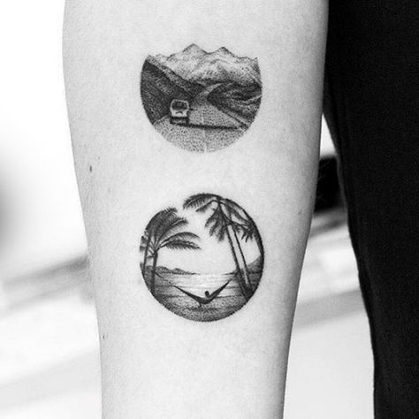 Small Detailed Mens Beach Scene Inner Forearm Tattoo Small Beach Tattoos, Surf Tattoo, Tree Tattoo Small, Dibujos Tattoo, Circle Tattoos, Handpoke Tattoo, Landscape Tattoo, Beach Tattoo, Парные Тату