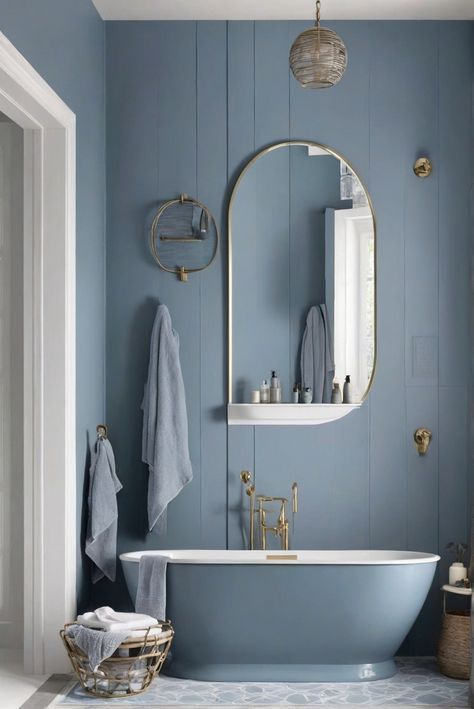 1. Bathroom design trends
2. Blue-gray color schemes
3. Interior design inspiration
4. 2024 home decor trends Blue Tub Bathroom Ideas, Light Blue Bathroom, Light Oak Floors, Clever Closet, Blue Wall Colors, Relaxing Bathroom, Gray Shower Curtains, Minimalist Bathroom Design, Traditional Bathrooms