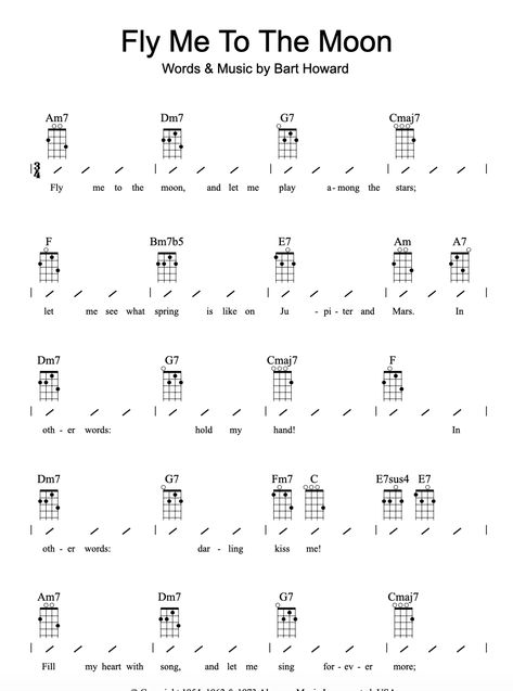 Fly Me To The Moon Song, Fly Me To The Moon Guitar Chords, Cant Take My Eyes Off Of You Ukulele, Fly Me To The Moon Ukulele, Hey There Delilah Ukulele, Ukulele Chords Songs, Ukulele Chords, Ukulele, Moon