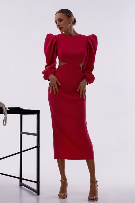 Our Crimson Backless Cut-Out Puff-Sleeve Midi Dress by ELAGIA Celebrates Sensual Sophistication. Dressed in this captivating shade of crimson, you'll embody the essence of elegance and allure. The luxurious backless cut-out design and the dramatic puff sleeves create an ensemble perfect for making a bold statement. #dress #dresses #mididress #weddingdress #backless #promdress #partydress #eveningdress #dresslover #stylish #fashion Backless Midi Dress, Wear Store, Blouse Sale, Strapless Midi Dress, Statement Dress, Silk Slip Dress, Women's Wear, Midi Dress Sleeveless, Affordable Clothes