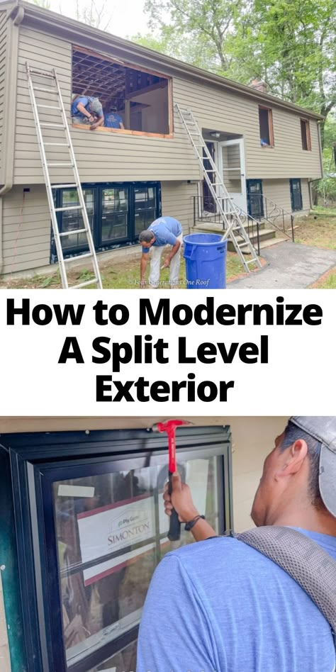 black windows installation on a brown split level house Updating A Bilevel House, Split Foyer Front Porch Ideas, Split Ranch Exterior, Outside House Remodel, Black Raised Ranch Exterior, Split Level Makeover Exterior, Front To Back Split Level House Exterior Remodel, Split Level Exterior Update, Split House Remodel