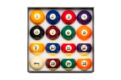 Stüssy Billiard Balls Set Release | HYPEBEAST Makeup Crafts, Pool Ball, Billiards Pool, Keep The Lights On, Indoor Games, Logo Mark, Billiard Balls, Stitching Leather, Billiard Table