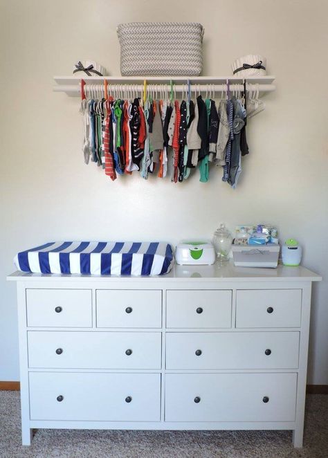 No closet space? No problem. A DIY exposed closet works great for baby. Nursery Ideas No Closet, Nursery Organization No Closet, Nursery With No Closet Ideas, Hanging Baby Clothes With No Closet, No Closet Nursery Ideas, Baby Clothes Storage For Small Spaces, Nursery No Closet, Nursery Without Closet, No Closet Space