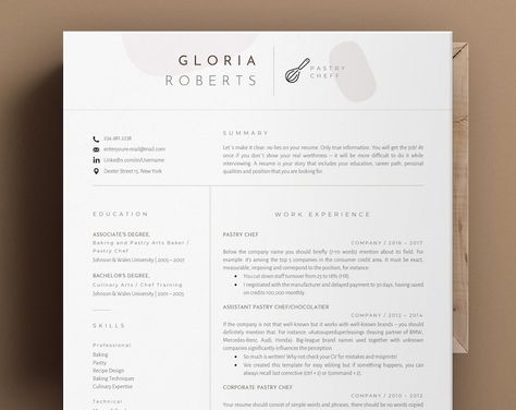 Pastry Chef Resume Template Word Baking Pastry Resume - Etsy Canada Ceo Resume, Chef Resume, Reference Page For Resume, One Page Resume Template, Resume References, Engineering Resume, Minimalist Resume Template, Basic Resume, Business Resume