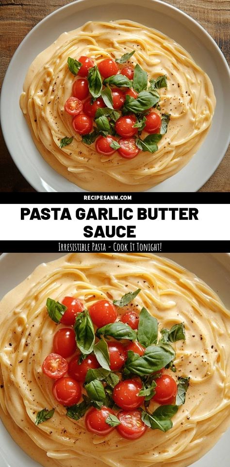 This Pasta Garlic Butter Sauce is an irresistible dish that I love to whip up for a cozy dinner! The creamy sauce, combined with fresh tomatoes and basil, creates a delightful flavor that will impress anyone at the table. It's quick to prepare, making it perfect for those busy weeknights. Cook it tonight and enjoy a deliciously simple meal! Butter Cream Sauce For Pasta, Butter Pasta Sauce, Lemon Butter Sauce Pasta, Different Pasta Sauces, Quick Pasta Sauce, Butter Sauce For Pasta, Butter Cream Sauce, Pasta With Garlic, Garlic Butter Pasta