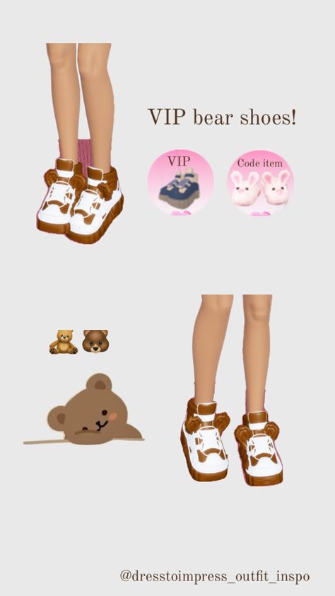 Bear shoes - sneakers are in VIP section Vip Dress To Impress Hacks, How To Break Into Vip Dress To Impress, Dress To Impress Theme Kawaii No Vip, Dress To Impress Animals No Vip, Doll Dress To Impress No Vip, Game Dresses, Cute Shoes, Dress To Impress, Shoes Sneakers