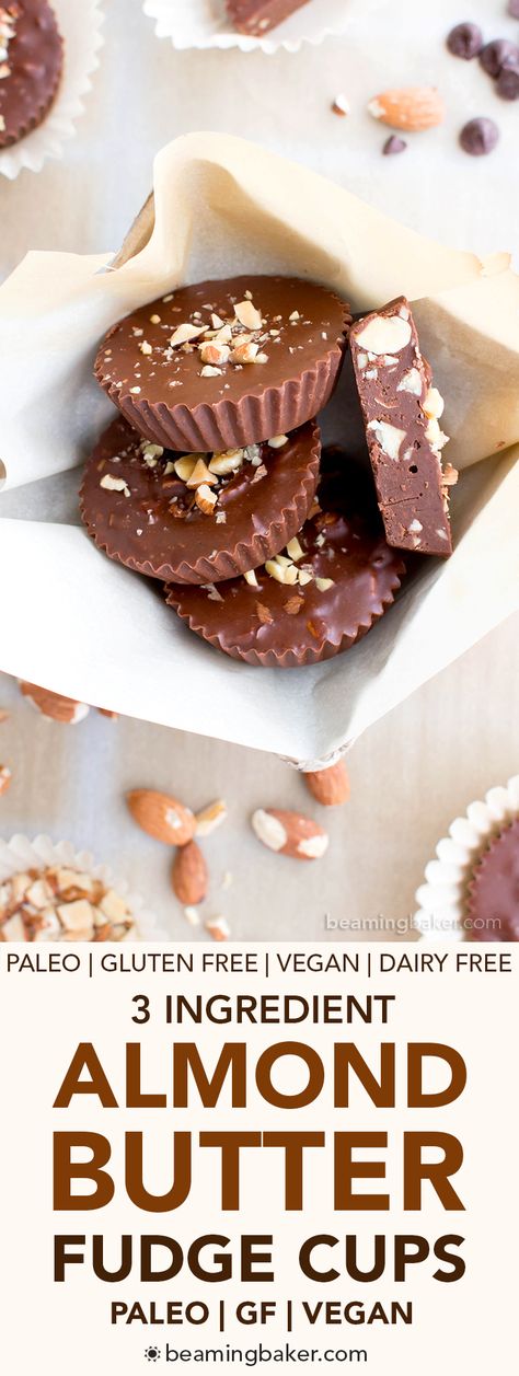 Paleo Chocolate Almond Butter Fudge Cups (V, GF, DF, Paleo): a 3-ingredient recipe for decadently rich almond butter fudge cups packed with almond crunch. #Paleo #Vegan #GlutenFree #DairyFree | BeamingBaker.com Almond Butter Fudge, Fudge Cups, Weight Watcher Desserts, Chocolate Almond Butter, Almond Crunch, Dessert Sans Gluten, Diy Easy Recipes, 3 Ingredient Recipes, Paleo Sweets