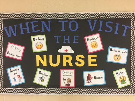 My Back to School School Nurse bulletin board!!! Nurses Door Decorations, School Health Bulletin Boards Nurses, Tooth Bulletin Board Ideas, School Clinic Door Decorations, Bulletin Board Ideas For Nurses Office, School Nurse Board Ideas, School Nurse Welcome Back Bulletin, When To Visit The School Nurse, School Nurse Bulletin Board Ideas Elementary