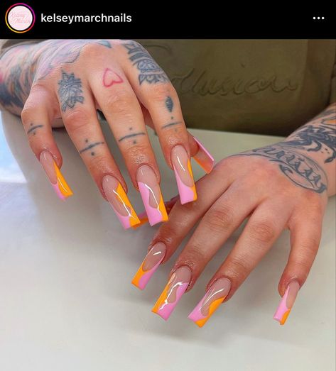 follow @nialoveee for more pins! Pink And Orange Nails, Art Designs Ideas, Dope Nail Designs, Long Square Acrylic Nails, Acrylic Nails Coffin, Holographic Nails, Orange Nails, Yellow Nails, Fire Nails