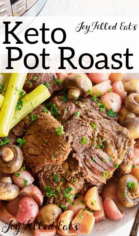 Keto Pot Roast - Low Carb, Gluten-Free, Grain-Free, THM S. This is my go-to recipe for making that comforting and fork-tender pot roast. I use low carb vegetables to replace starchy potatoes and no one minds! Savory roast paired with radishes and mushrooms makes one incredible dinner. #lowcarb #lowcarbrecipes #lowcarbdiet #keto #ketorecipes #ketodiet #thm #trimhealthymama #glutenfree #grainfree #glutenfreerecipes #recipes #instantpot #beef Keto Pot Roast, Instant Pot Pot Roast, Roast Beef Dinner, Chuck Roast Recipes, Low Carb Low Fat Recipes, Keto Beef Recipes, Best Low Carb Recipes, Low Carb Vegetables, Pot Roast Recipes