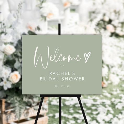 Elegant Boho Sage Green Bridal Shower Welcome Sign Sage Bridal Shower Ideas, Sage Green Bridal Shower Ideas, White Bridal Shower Theme, Sage Green Heart, Bridal Shower Poster, Green Bridal Showers, White Bridal Shower, Boho Chic Design, Bridal Shower Welcome Sign