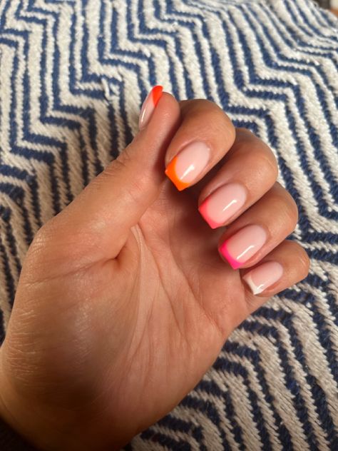 Hand showing Biab nails with pink, orange and white tips Summer Biab Nails, Orange Tips, Biab Nails, Nails Pink, Summer Nail, Pink Orange, Pink Nails, Nail Ideas, Nail Inspo