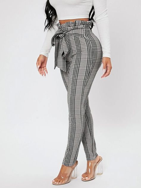 Plaid Work Pants, Outfit Elegantes, Elegant Pant, Tie Waist Pants, Women Bottoms, Winter Knit Hats, Grey Plaid, Professional Attire, Large Dress