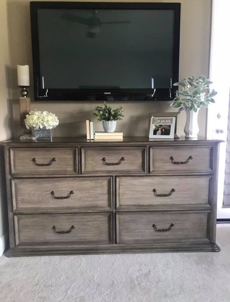 Dresser Top Decor With Tv, Decorating Dresser Under Tv, Shared Dresser With Husband, Modern Farmhouse Bedroom Dresser Decor, Decorating Bedroom Dresser Top, Dresser Decor Ideas With Tv, Farmhouse Bedroom Dresser Decor With Tv, Bedroom Dresser With Tv Decor, Tv Over Dresser In Bedroom Decor