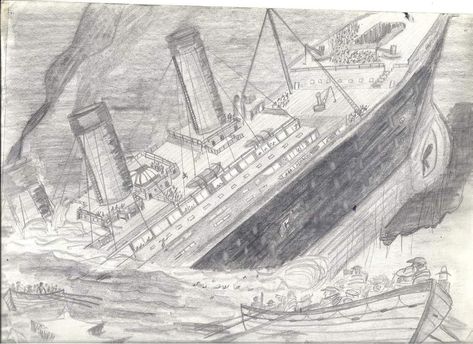 April 15th is the anniversary of the sinking of the Titanic in 1912. Here is my sketch of the sinking of the Titanic on her maiden voyage. Ship Sinking Drawing, Sinking Underwater, Sinking Titanic, Titanic Boat, Sink Drawing, Underwater Drawing, Titanic Sinking, Sea Drawing, Water Nature