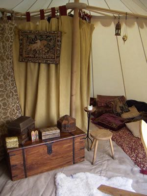 The living room in the tent -- really shows what you can do to make a large tent seem more like a home.  I have got to find myself a chest like that. Medieval Furniture, Large Tent, Campaign Furniture, Medieval Life, Camp Furniture, The Ceiling, My New Room, Tent Camping, Larp