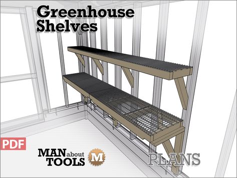 Build Simple Greenhouse Shelves Make your own Greenhouse Shelves from standard 2x3 and 2x4 lumber. This plan is a 4 page pdf with fully dimensioned diagrams. These construction and assembly instructions are printable on 8.5 x 11 size paper. Dimensions are in inches and this plan is designed for nominal lumber sizes like you would find at most lumber yards or building supply stores. This free plan is for download and will not be mailed. See the complete build video on YouTube: https://youtu.be/OMvpBXfSwUE and read the full build Post: https://manabouttools.com/greenhouse-shelves/ Diy Greenhouse Shelves How To Build, Small Greenhouse Shelving Ideas, Greenhouse Shelves Diy, House Inside Greenhouse, Greenhouse Sink, 8x12 Greenhouse, Pergola Greenhouse, Greenhouse Shelving Ideas, Greenhouse Shelf