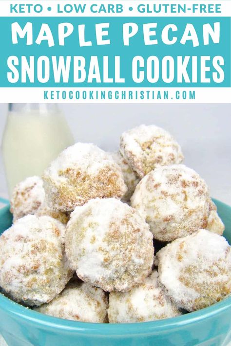 Keto Maple Pecan Snowball Cookies Maple Snowball Cookies recipe brings together ground pecans, creamy butter, and almond flour to create a Keto holiday cookie you will enjoy all year around! #ketochristmascookies #ketocookies #ketosnowballcookies Snowball Cookies Recipe, Snowball Christmas Cookies, Pecan Snowballs, Pecan Snowball Cookies, Low Carb Cookies Recipes, Snowball Cookie Recipe, Keto Christmas Cookies, Keto Cookie Recipes, Bite Size Cookies