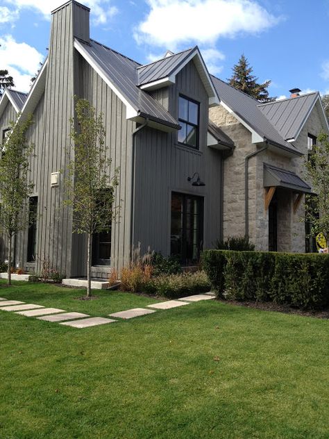 Grey And Stone House Exterior, Green And Stone House Exterior, Canadian House, Lake Houses Exterior, Black House Exterior, Cottage Exterior, Modern Farmhouse Exterior, Contemporary Farmhouse, House Siding