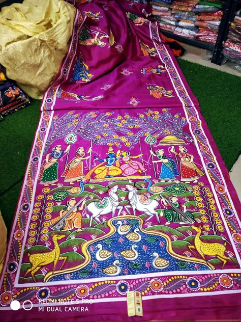 Bishnupuri silk saree Pattachitra Pattachitra Border Design, Pichhwai Design, Pattachitra Saree, Odisha Pattachitra, Pattachitra Art, Saree Painting Designs, Kalamkari Sarees, Kantha Sarees, Saree Painting