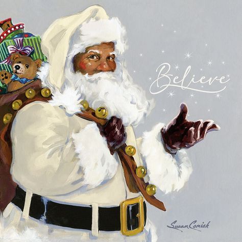 A new twist on a traditional Santa. This beautiful black Santa makes a great addition to your holiday decor. (CANVAS OVER THE SIZE 20x24 WILL BE SHIPPED ROLLED IN A TUBE AND NEED TO BE STRETCHED ONCE YOU RECEIVE IT) Contact for additional sizing. Black Christmas Cards, Xmas Messages, African American Holidays, Santa Paintings, Santa Claus Images, Christmas Santas, African Art Paintings, Santa Decorations, Christmas Themes Decorations