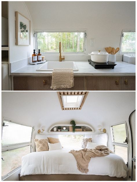 Airstream Overlander Remodel by @darlintrailers Vintage Airstream Remodel, Air Stream Remodel Interiors, Renovated Airstream Interior, Airstream Remodel Floor Plans, Airstream Excella 34 Remodel, Airstream Rental, Airstream Caravel 20fb Interior, Airstream Bambi, Dwell Magazine